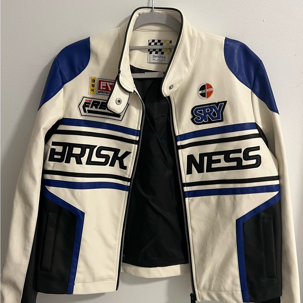 Bershka Leather racing leather jacket | Motorcross leather blue jacket | Large